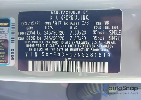 2022 Kia Telluride Ex z USA, uszkodzony, nr VIN 5XYP3DHC7NG231619